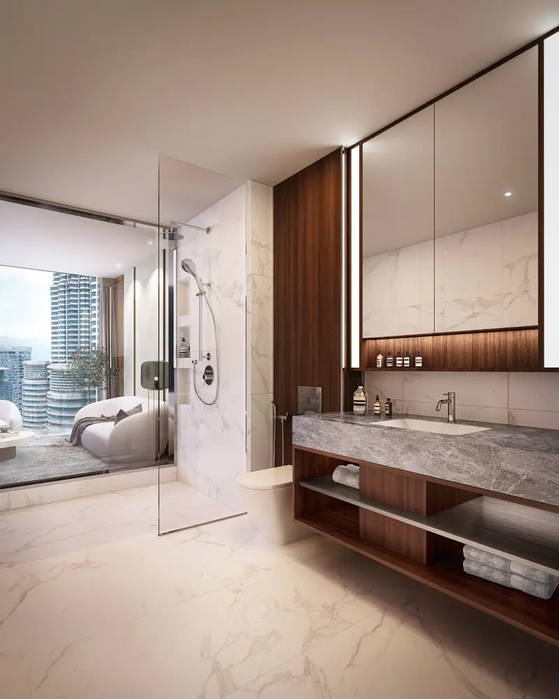 Kamar mandi unit Type B dengan finishing marmer