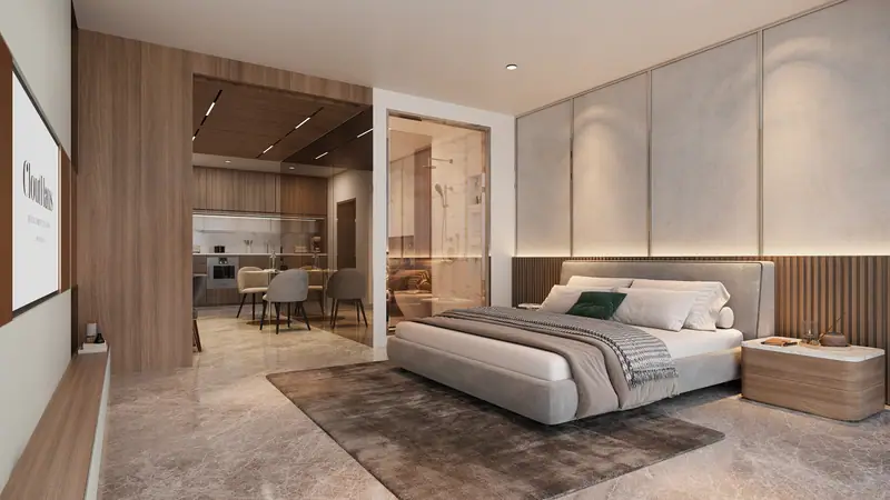 Kamar tidur unit Type B dengan pemandangan kota