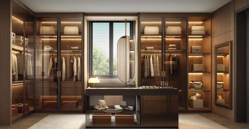 Walk-in wardrobe dengan lemari berpintu kaca dan meja rias di tengah