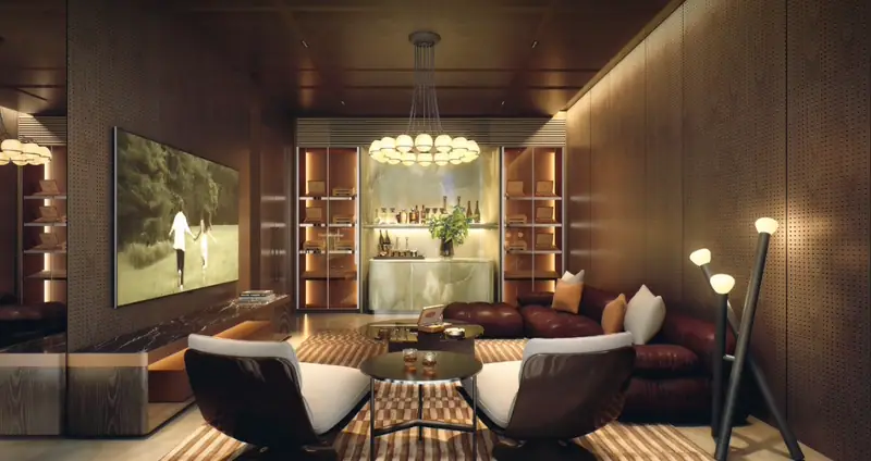 Ruang home theater dengan layar besar, sofa kulit, dan area bar