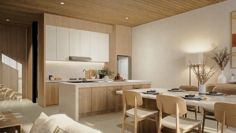 Dapur dan ruang makan villa 2 kamar pada siang hari