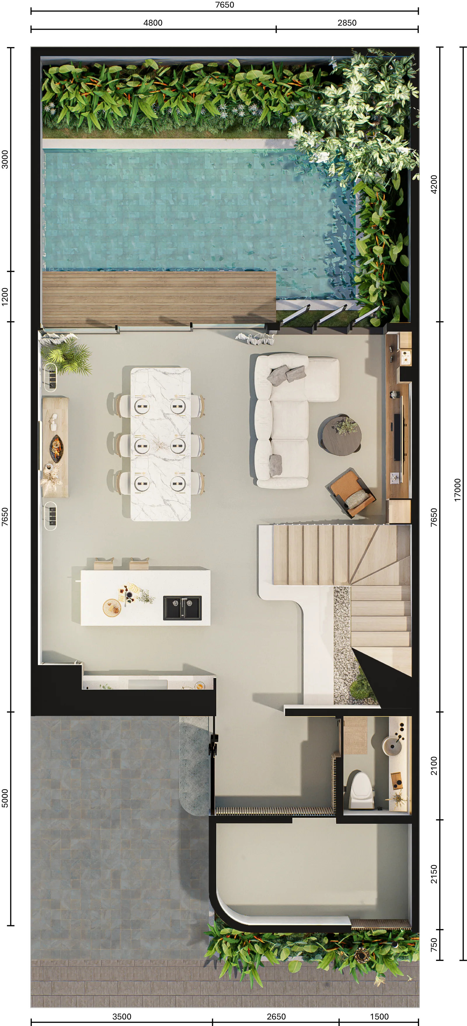 Denah lantai 1 Balsa 2BR Rooftop dengan dimensi