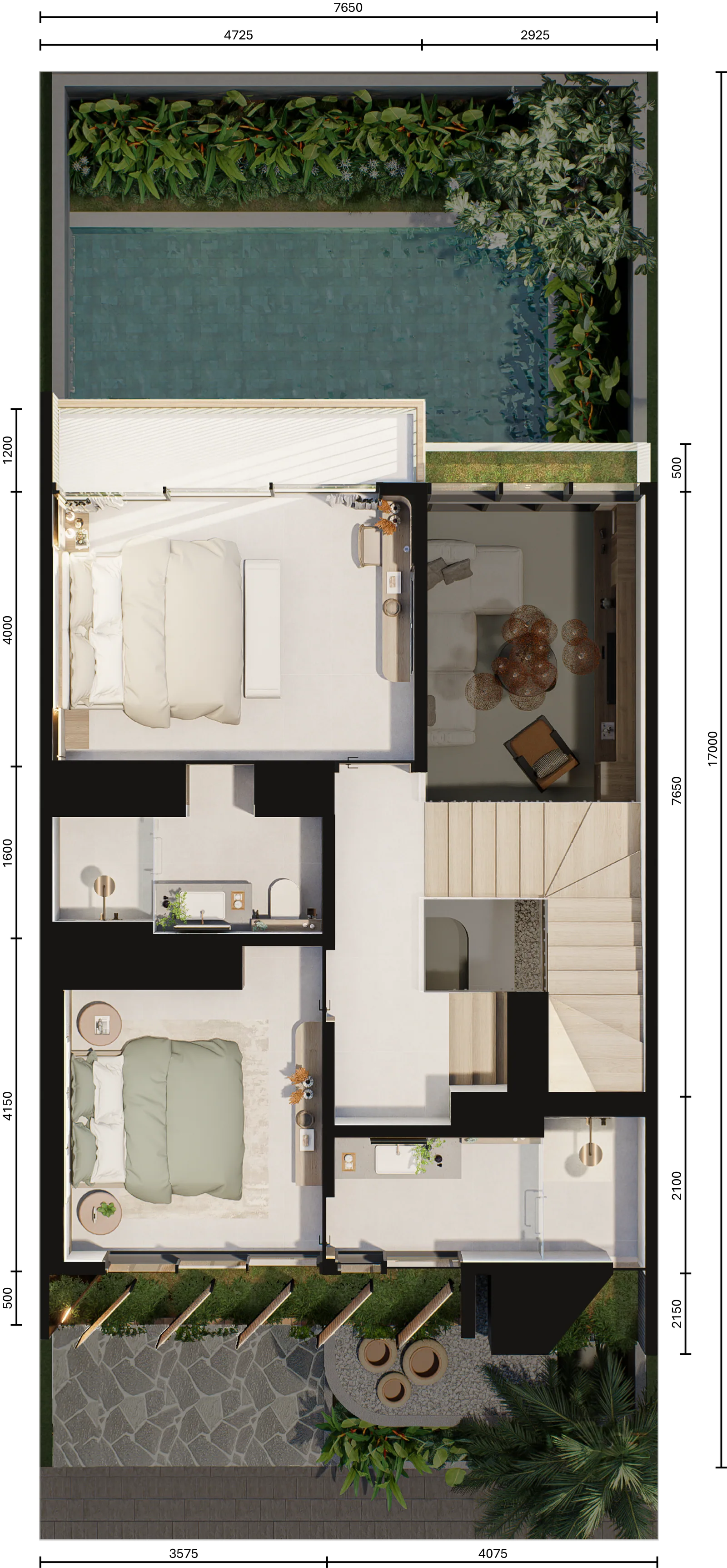 Denah lantai 2 Balsa 2BR Rooftop dengan dimensi