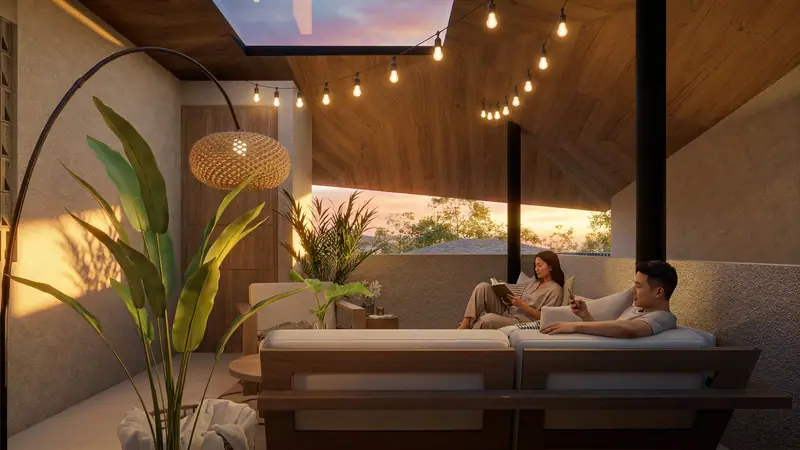 Rooftop villa 2 kamar dengan lampu gantung saat senja