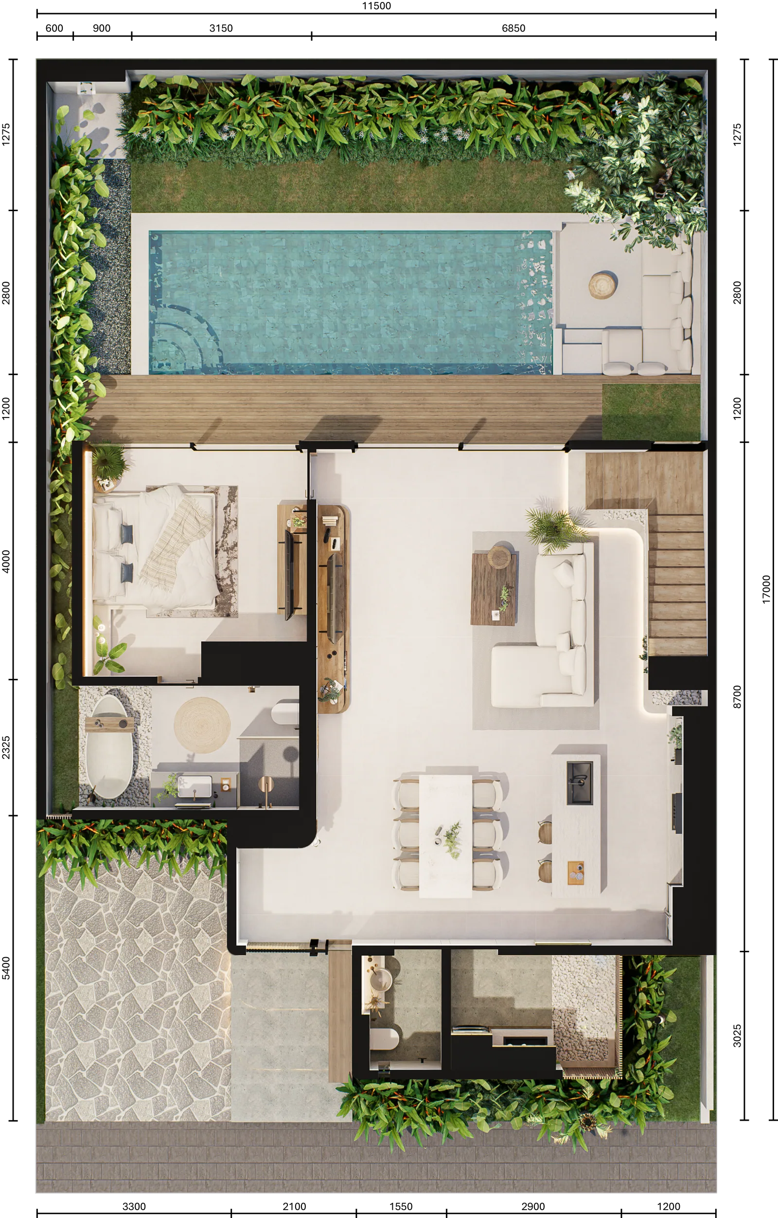 Denah lantai 1 Balsa 3BR Rooftop dengan dimensi