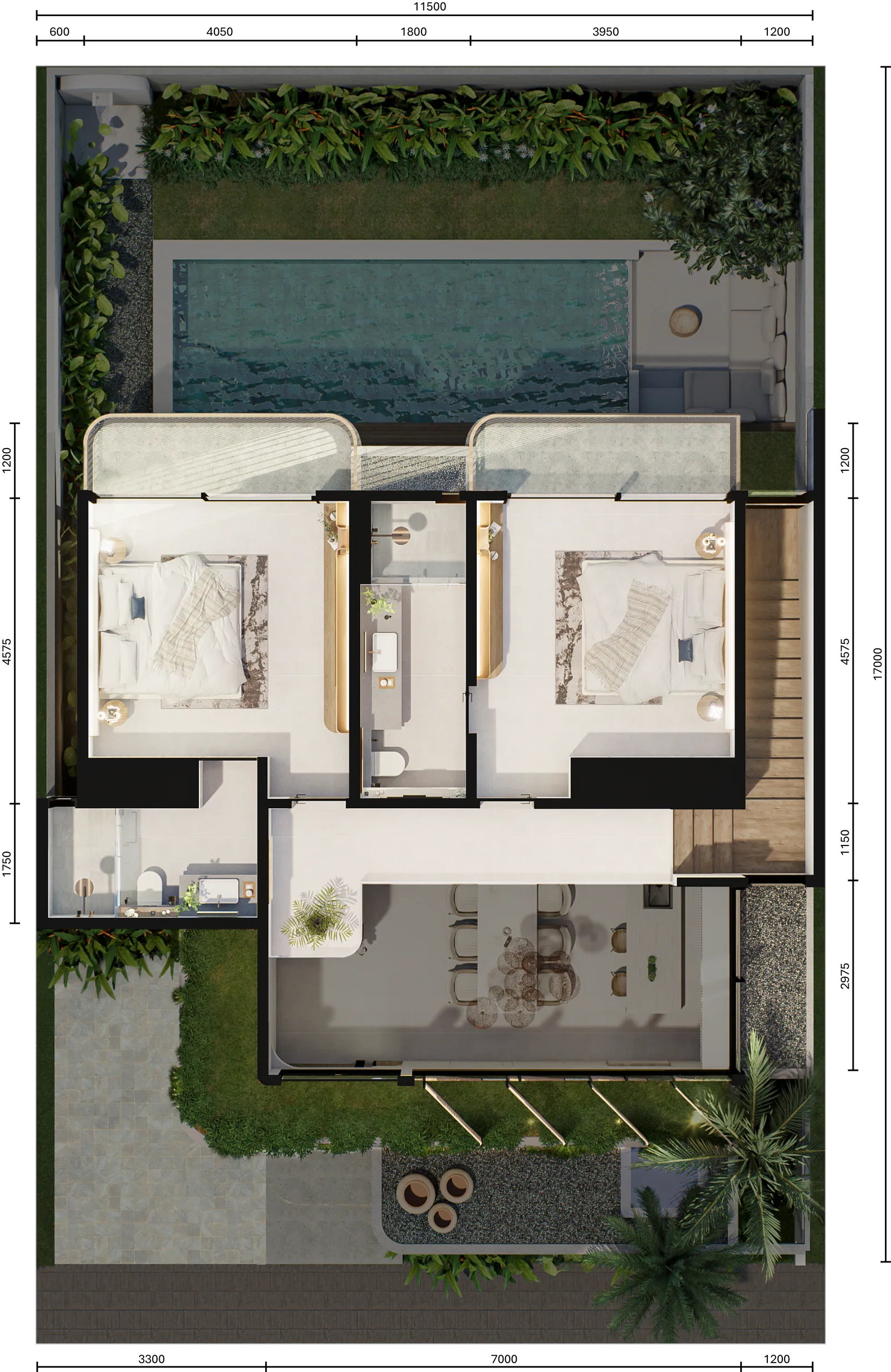 Denah lantai 2 Balsa 3BR Rooftop dengan dimensi