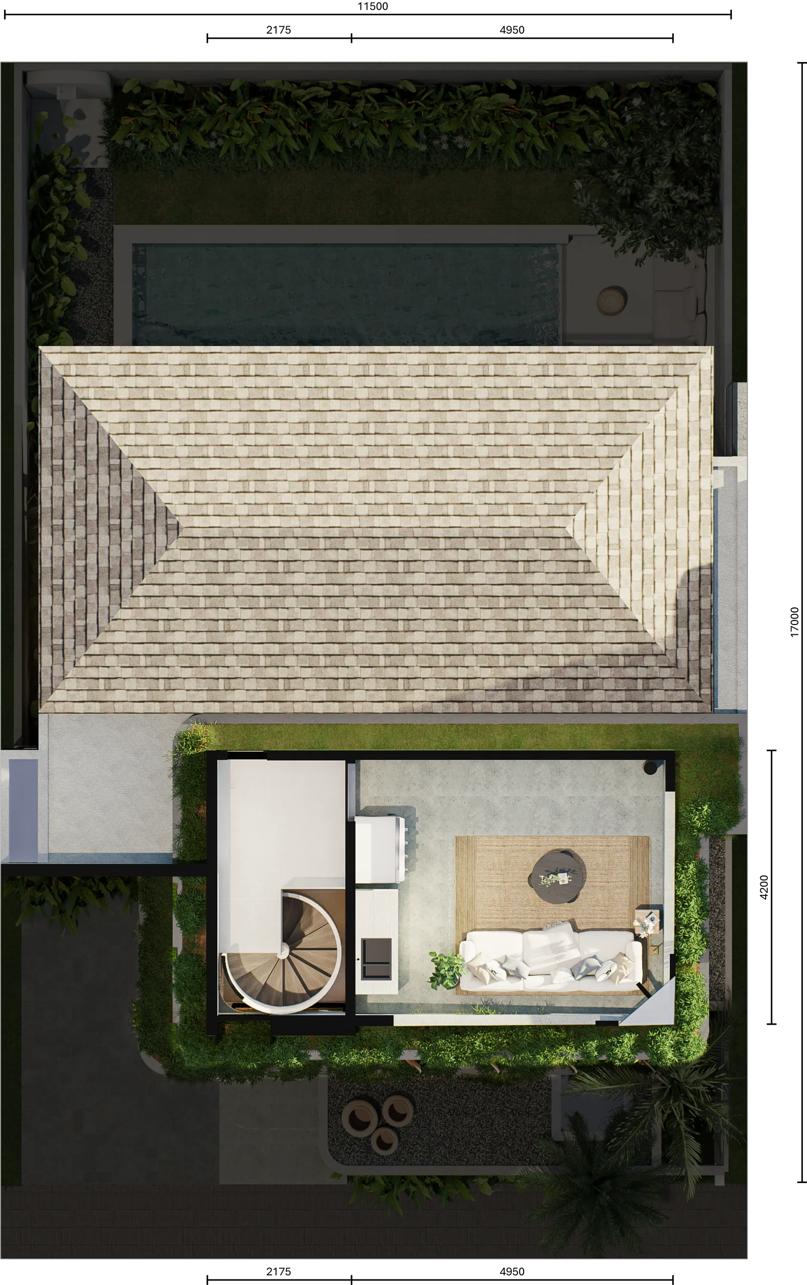 Denah rooftop Balsa 3BR dengan dimensi