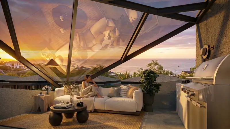 Rooftop villa 3 kamar menghadap panorama saat matahari terbenam