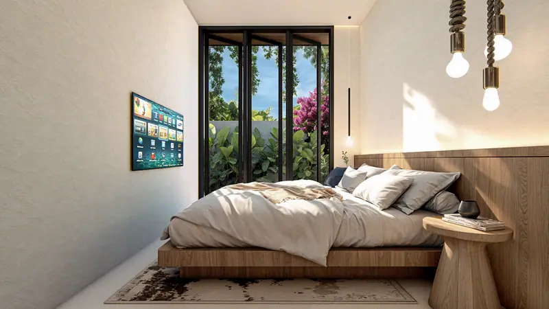 Kamar tidur dengan jendela besar menghadap taman